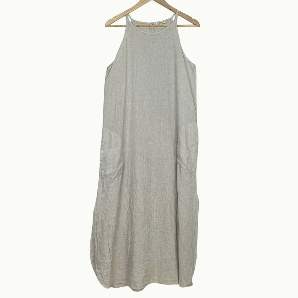 Laura Bianchi Dove Gray Linen Maxi Halter Dress M Coastal Pockets Italy Earthy